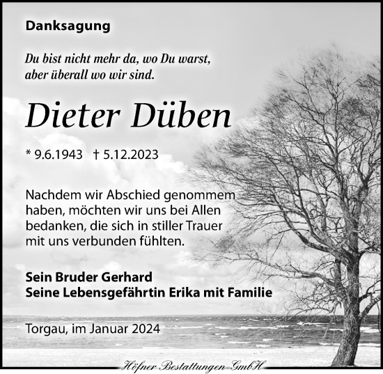 Traueranzeige von Dieter Düben von Torgauer Zeitung