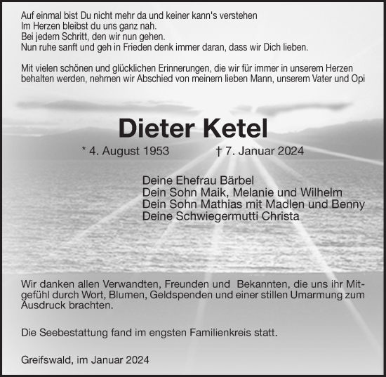 Traueranzeige von Dieter Ketel von Ostsee-Zeitung GmbH