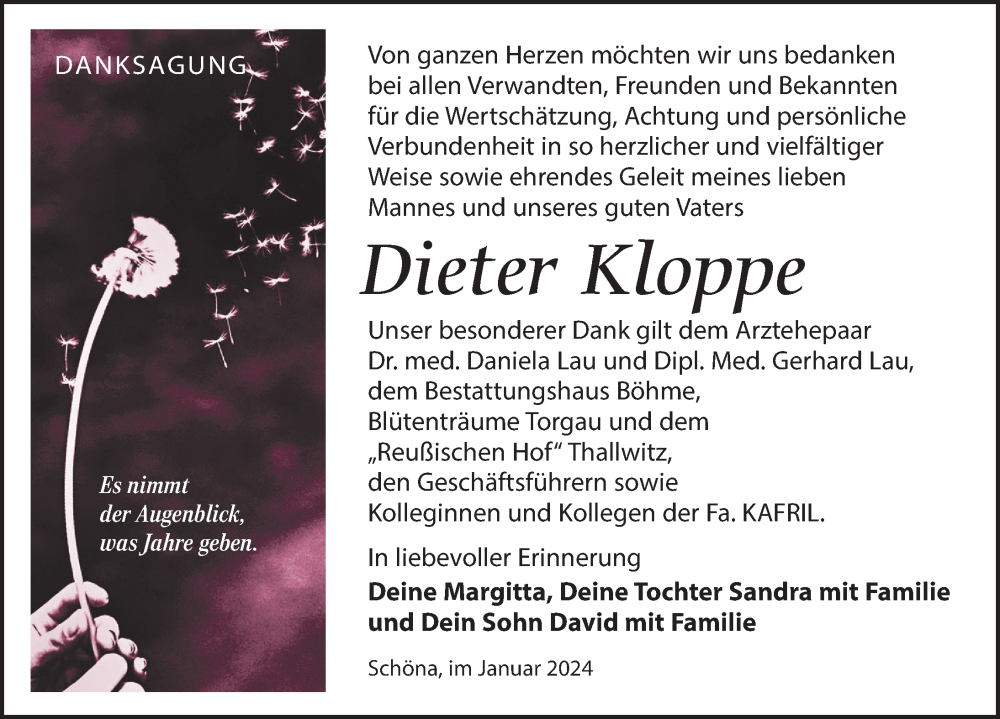  Traueranzeige für Dieter Kloppe vom 27.01.2024 aus Leipziger Volkszeitung