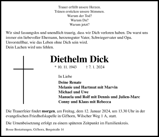 Traueranzeige von Diethelm Dick von Aller Zeitung