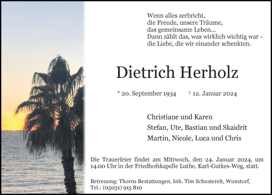 Traueranzeige von Dietrich Herholz von Hannoversche Allgemeine Zeitung/Neue Presse