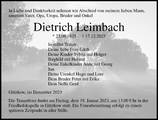 Traueranzeige von Dietrich Leimbach von Ostsee-Zeitung GmbH