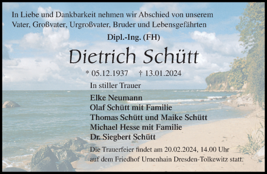 Traueranzeige von Dietrich Schütt von Ostsee-Zeitung GmbH