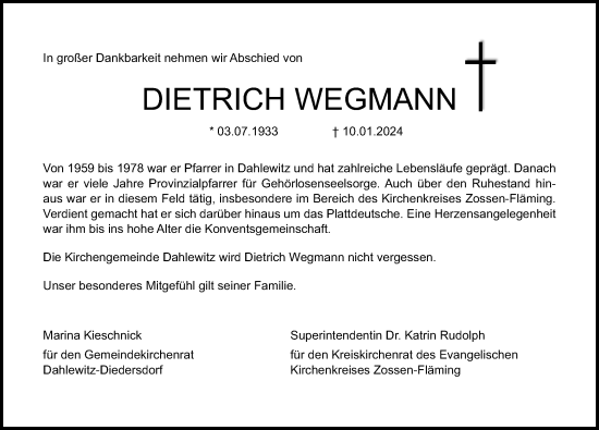 Traueranzeige von Dietrich Wegmann von Märkischen Allgemeine Zeitung