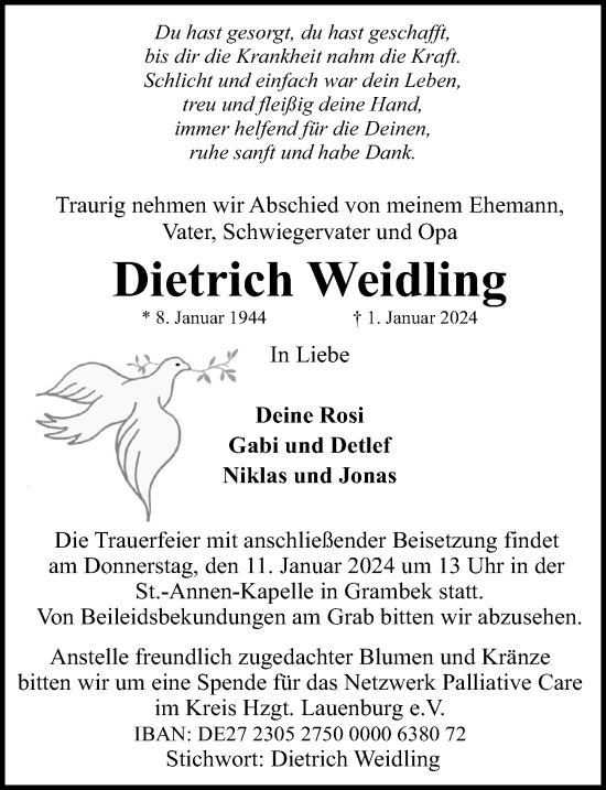 Traueranzeige von Dietrich Weidling von Lübecker Nachrichten
