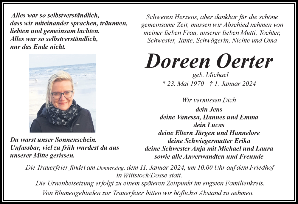  Traueranzeige für Doreen Oerter vom 06.01.2024 aus Wochenspiegel
