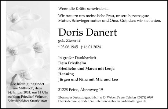 Traueranzeige von Doris Danert von Peiner Allgemeine Zeitung