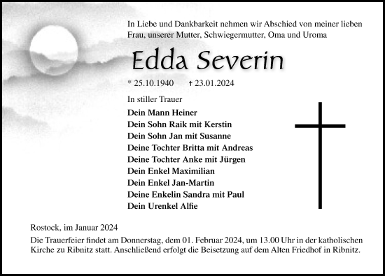 Traueranzeige von Edda Severin von Ostsee-Zeitung GmbH