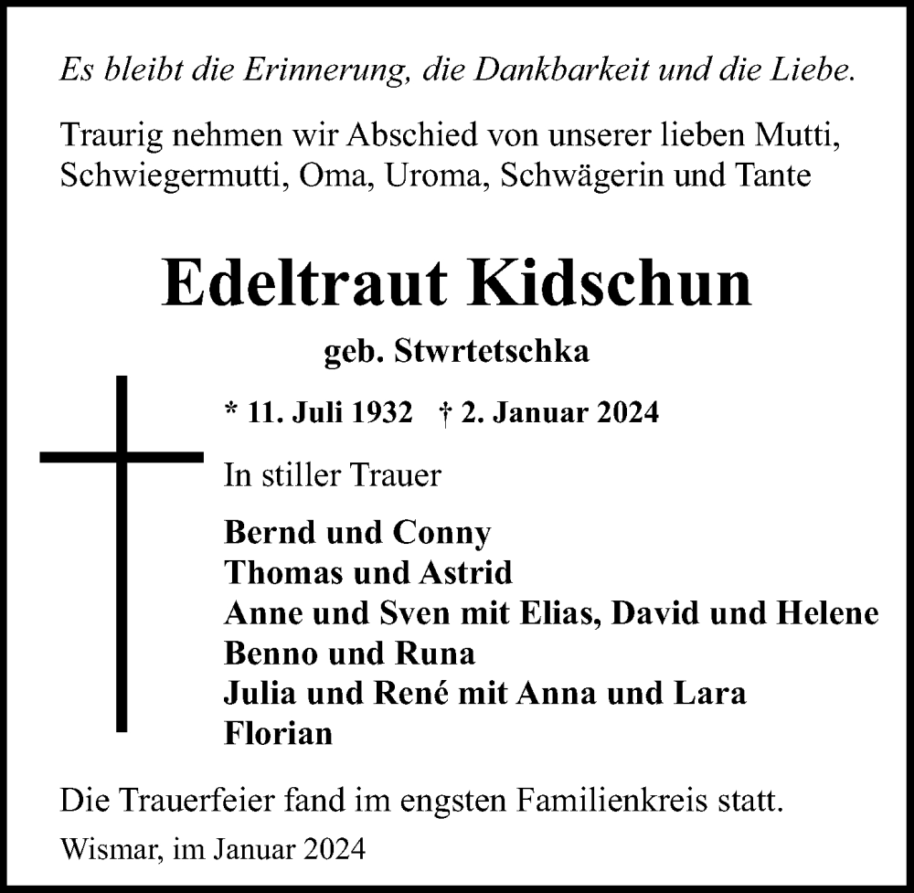  Traueranzeige für Edeltraut Kidschun vom 06.01.2024 aus Ostsee-Zeitung GmbH