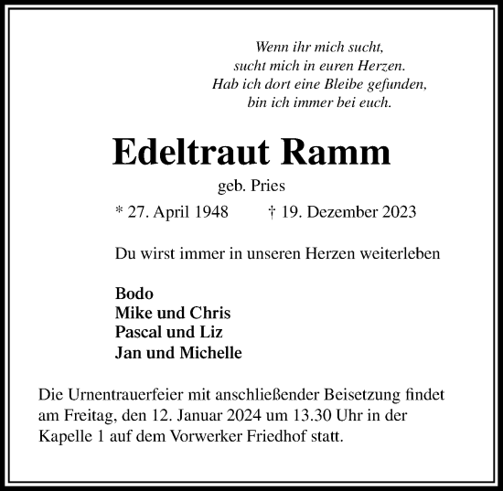 Traueranzeige von Edeltraut Ramm von Lübecker Nachrichten