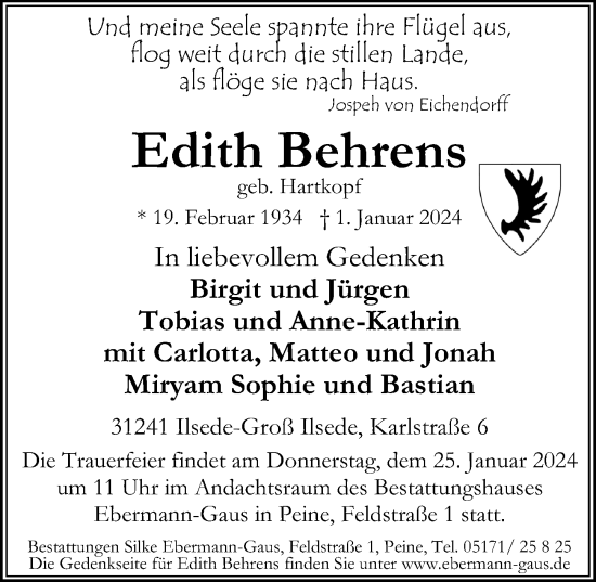 Traueranzeige von Edith Behrens von Peiner Allgemeine Zeitung