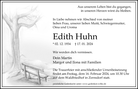 Traueranzeige von Edith Huhn von Märkischen Allgemeine Zeitung