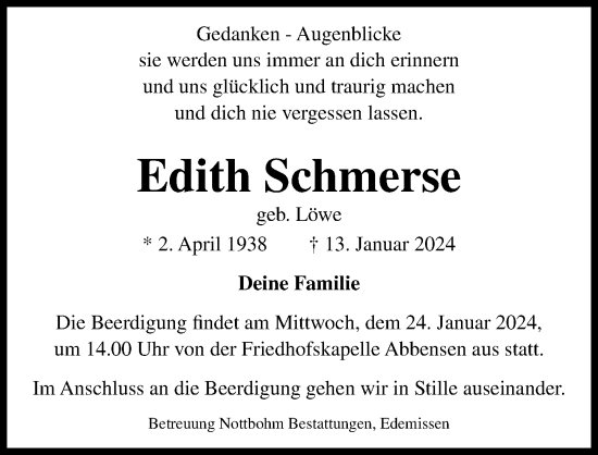 Traueranzeige von Edith Schmerse von Peiner Allgemeine Zeitung