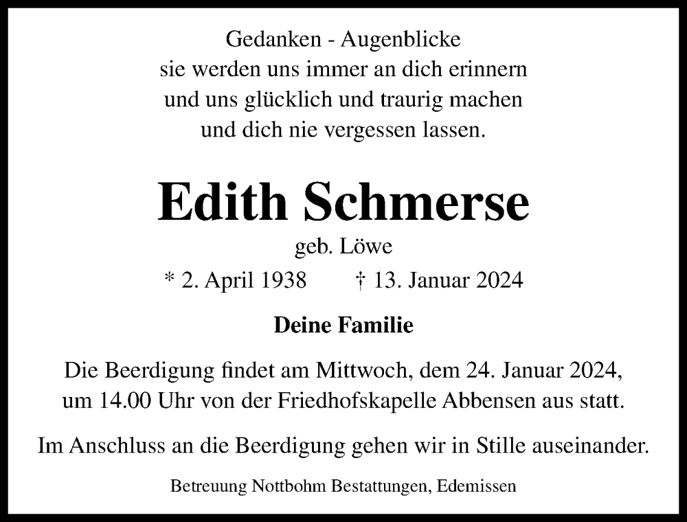  Traueranzeige für Edith Schmerse vom 20.01.2024 aus Peiner Allgemeine Zeitung