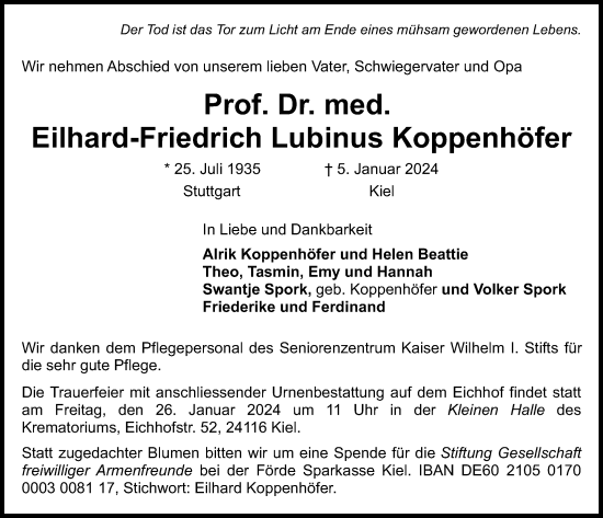 Traueranzeige von Eilhard-Friedrich  Koppenhöfer von Kieler Nachrichten