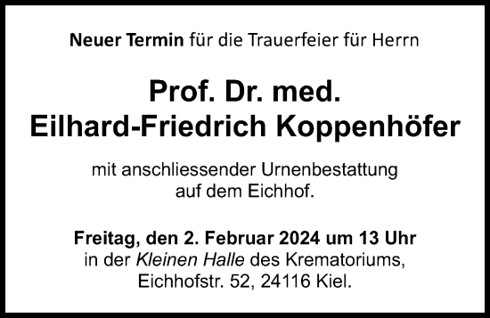 Traueranzeige von Eilhard-Friedrich  Koppenhöfer von Kieler Nachrichten