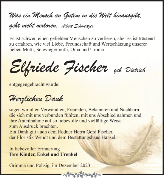 Traueranzeige von Elfriede Fischer von Leipziger Volkszeitung