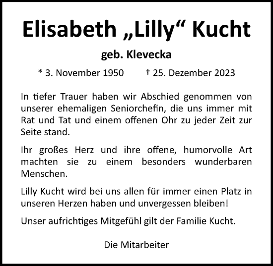 Traueranzeige von Elisabeth  Kucht von Lübecker Nachrichten