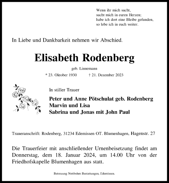 Traueranzeige von Elisabeth Rodenberg von Peiner Allgemeine Zeitung