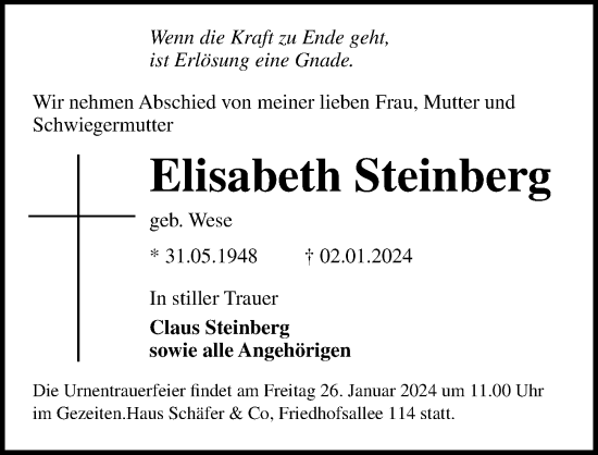 Traueranzeige von Elisabeth Steinberg von Lübecker Nachrichten