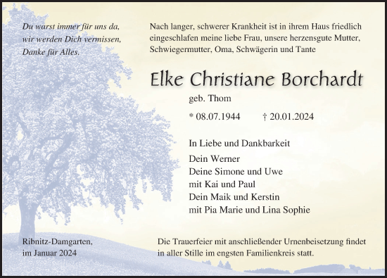 Traueranzeige von Elke Christiane Borchardt von Ostsee-Zeitung GmbH