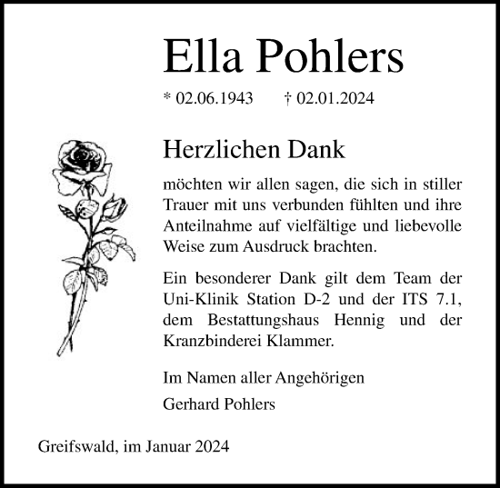 Traueranzeige von Ella Pohlers von Ostsee-Zeitung GmbH