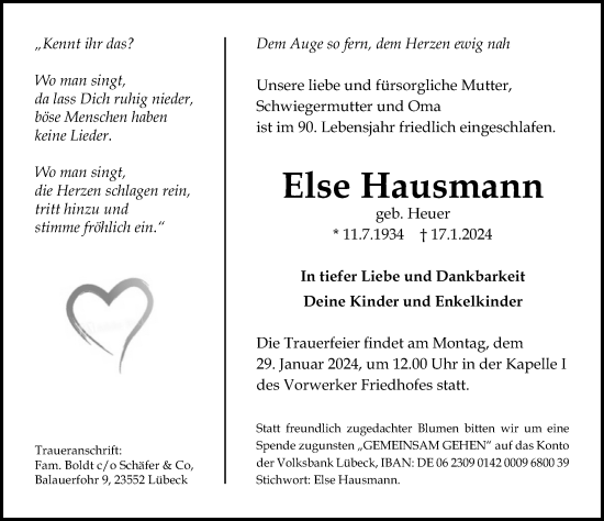 Traueranzeige von Else Hausmann von Lübecker Nachrichten