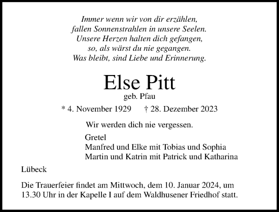 Traueranzeige von Else Pitt von Lübecker Nachrichten