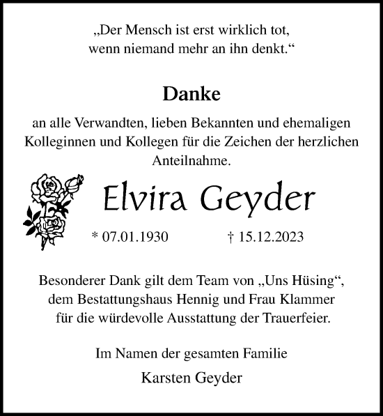 Traueranzeige von Elvira Geyder von Ostsee-Zeitung GmbH