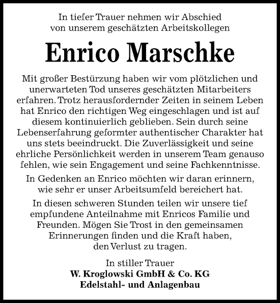 Traueranzeige von Enrico Marschke von Kieler Nachrichten