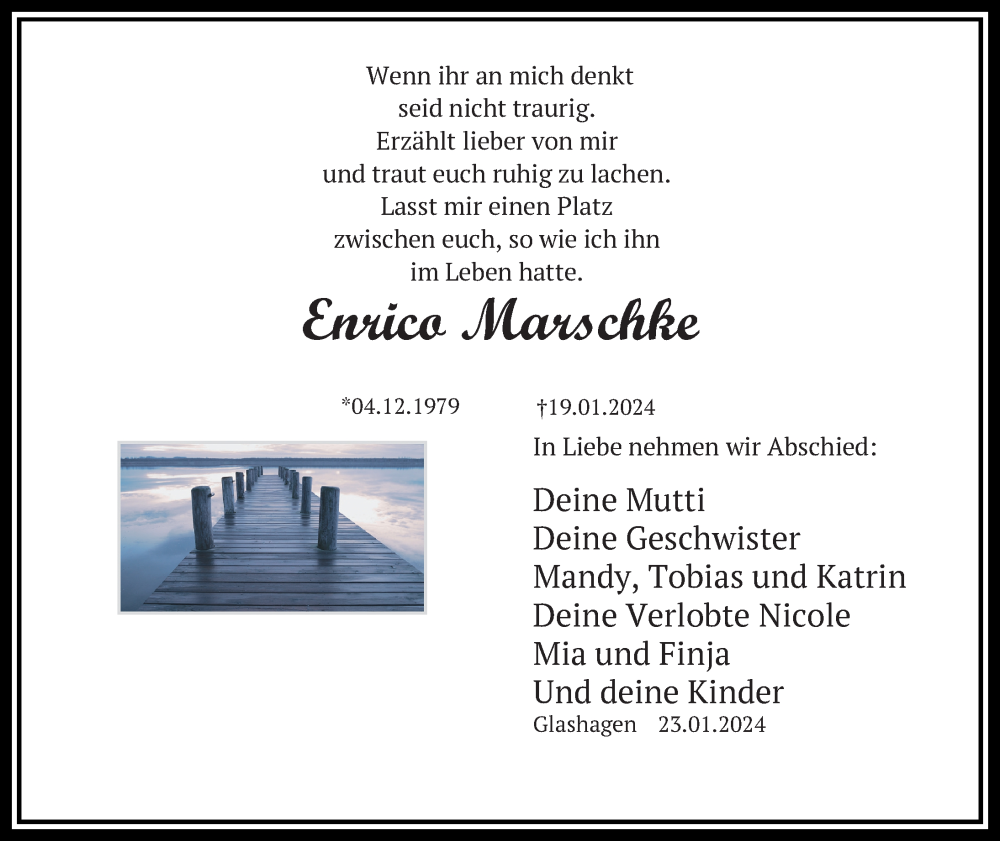  Traueranzeige für Enrico Marschke vom 25.01.2024 aus Ostsee-Zeitung GmbH