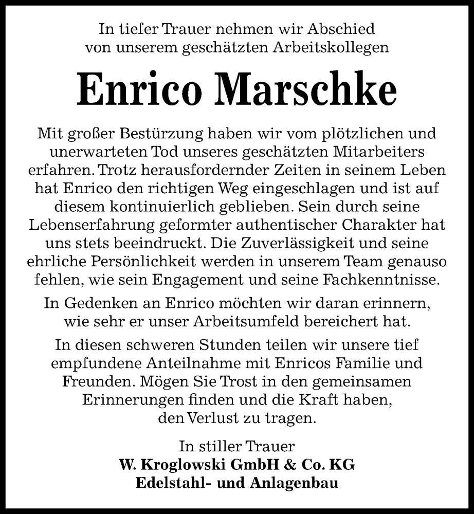  Traueranzeige für Enrico Marschke vom 27.01.2024 aus Kieler Nachrichten