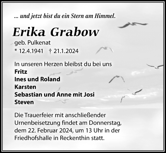 Traueranzeige von Erika Grabow von Wochenspiegel