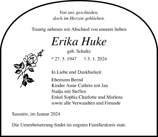 Traueranzeige von Erika Huke von Ostsee-Zeitung GmbH
