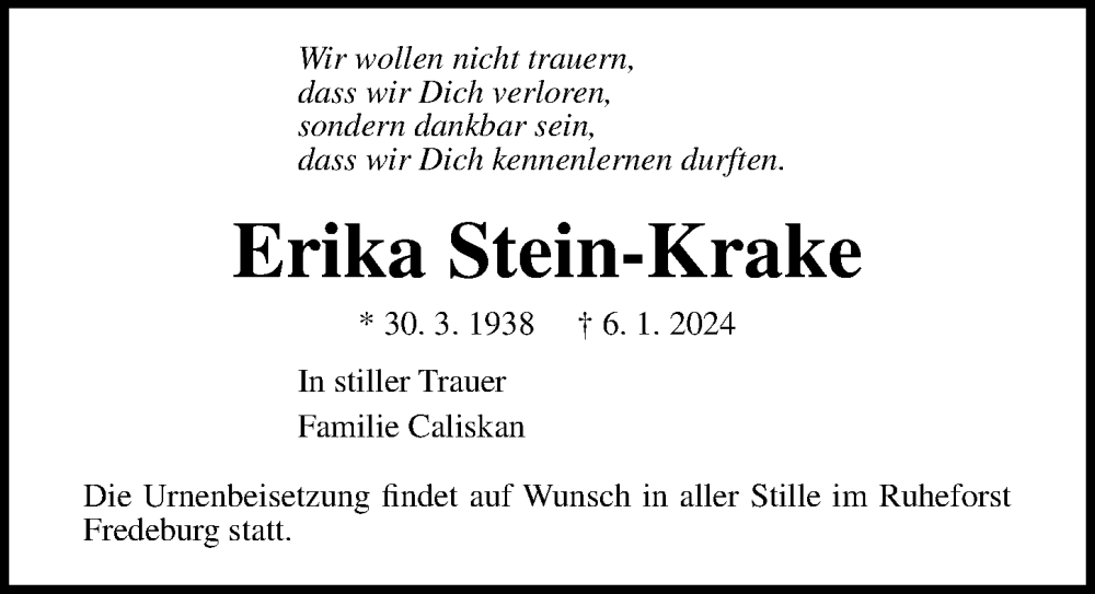 Traueranzeige für Erika Stein-Krake vom 14.01.2024 aus Lübecker Nachrichten