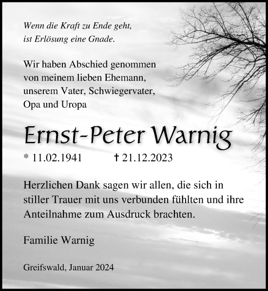 Traueranzeige von Ernst-Peter Warnig von Ostsee-Zeitung GmbH