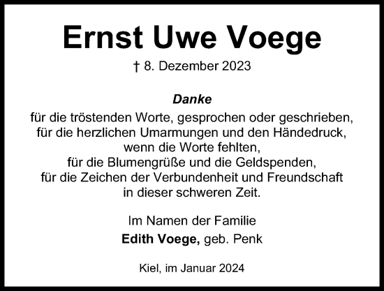 Traueranzeige von Ernst Uwe Voege von Kieler Nachrichten