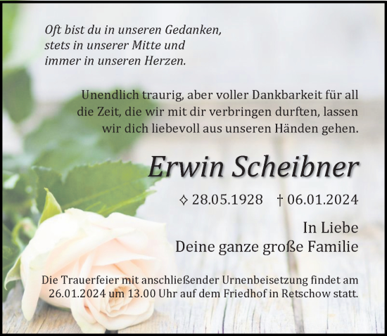 Traueranzeige von Erwin Scheibner von Ostsee-Zeitung GmbH