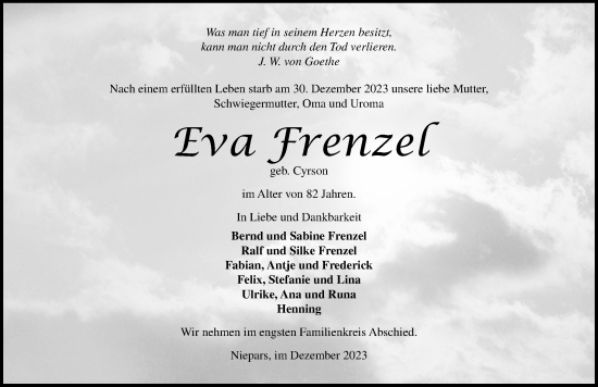 Traueranzeige von Eva Frenzel von Ostsee-Zeitung GmbH