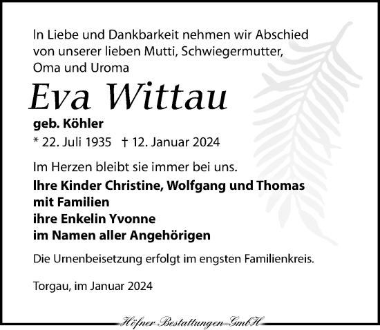 Traueranzeige von Eva Wittau von Torgauer Zeitung