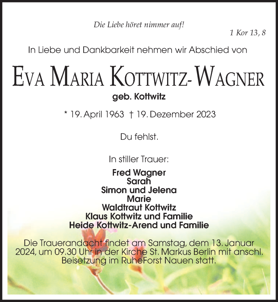  Traueranzeige für Eva Maria Kottwitz-Wagner vom 10.01.2024 aus Märkischen Allgemeine Zeitung