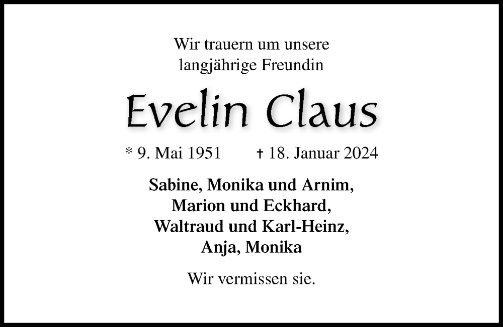  Traueranzeige für Evelin Claus vom 28.01.2024 aus Lübecker Nachrichten