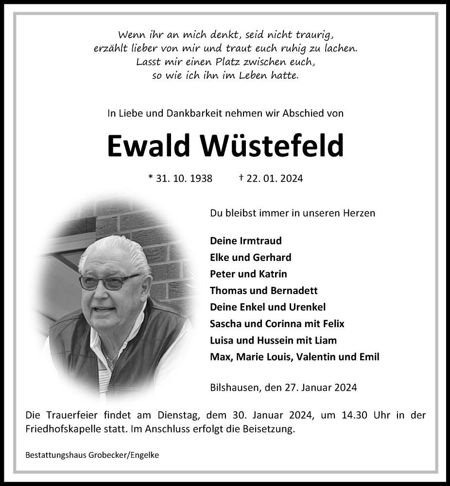  Traueranzeige für Ewald Wüstefeld vom 27.01.2024 aus Göttinger Tageblatt