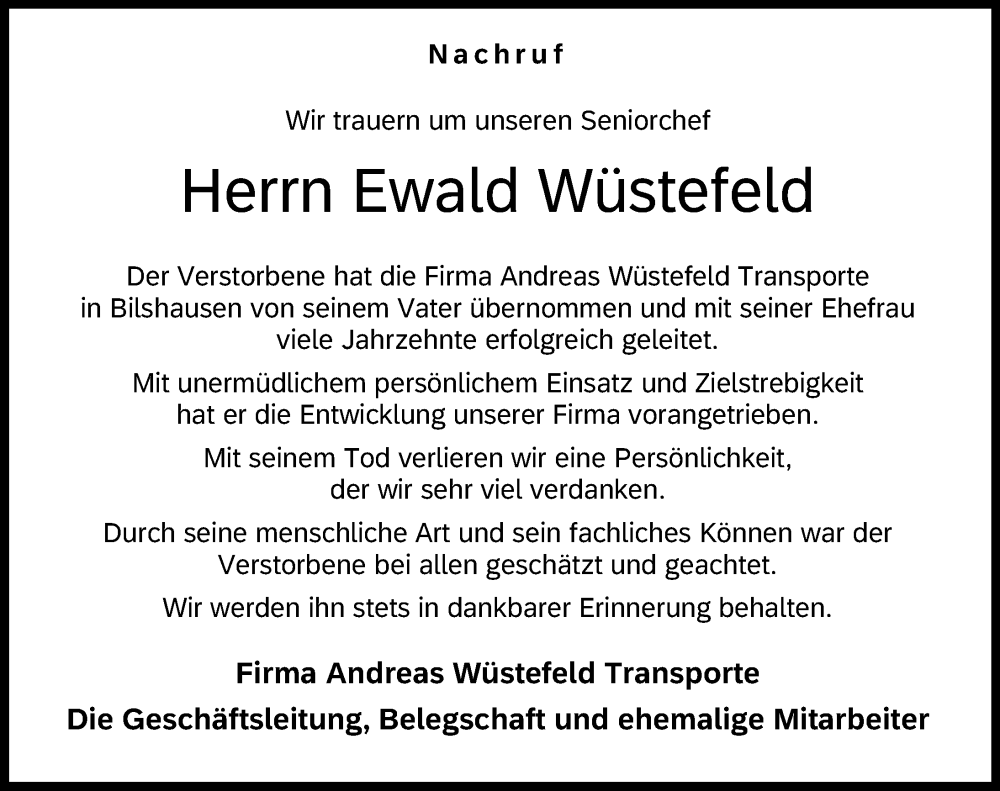  Traueranzeige für Ewald Wüstefeld vom 27.01.2024 aus Eichsfelder Tageblatt