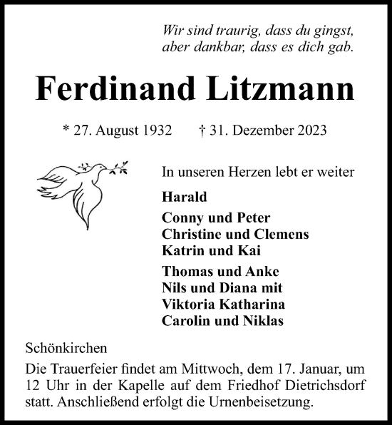 Traueranzeige von Ferdinand Litzmann von Kieler Nachrichten