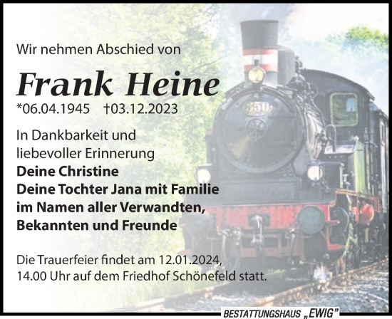 Traueranzeige von Frank Heine von Leipziger Volkszeitung