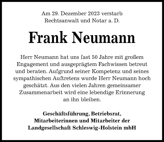 Traueranzeige von Frank Neumann von Kieler Nachrichten