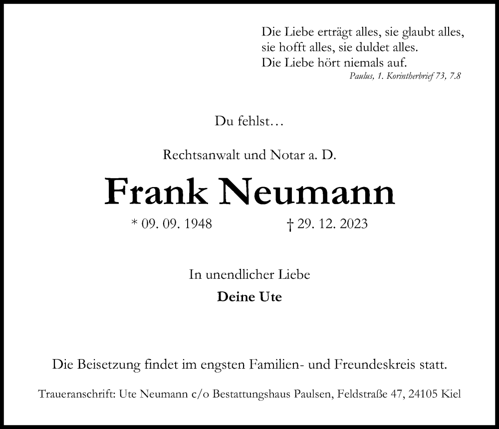  Traueranzeige für Frank Neumann vom 06.01.2024 aus Kieler Nachrichten