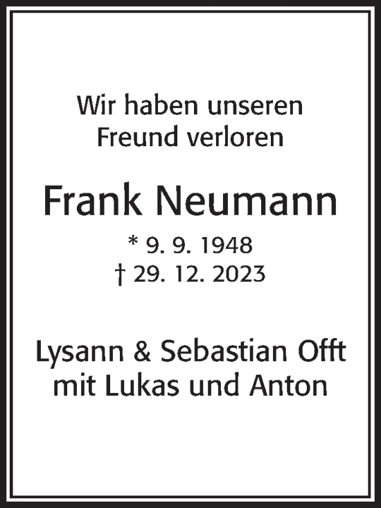 Traueranzeige von Frank Neumann von Kieler Nachrichten