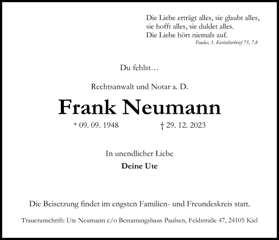 Traueranzeige von Frank Neumann von Kieler Nachrichten